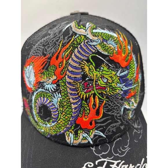 Ed Hardy Trucker Hat Embroidered Japan Dragon Black/Orange - Picture 3 of 12